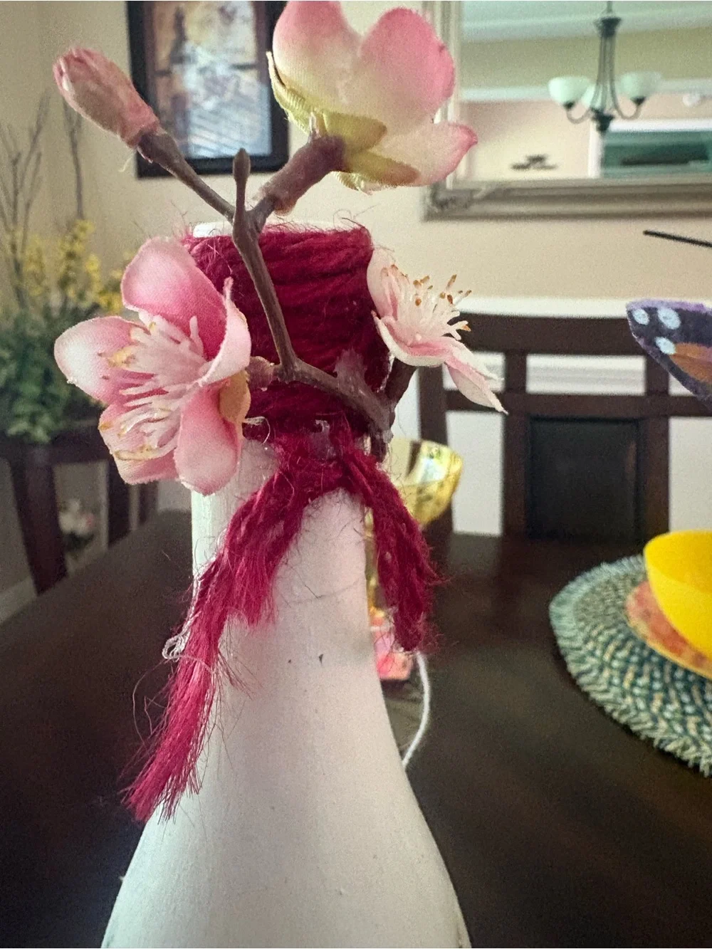 Handcrafted White/Cream Floral Decoupage Wine Bottle Accent - Decorative accent